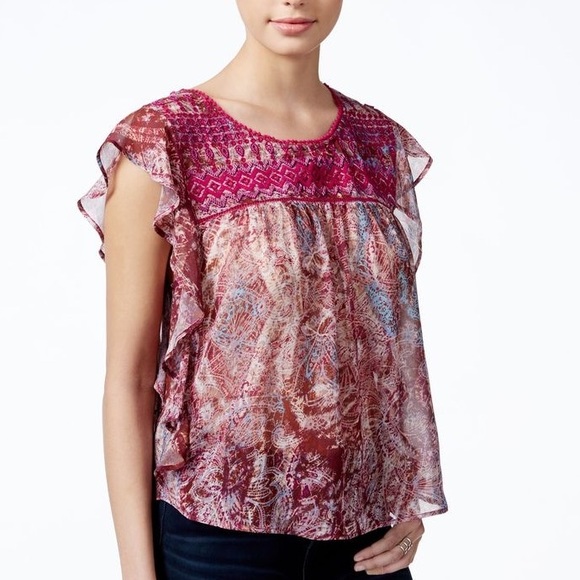 Jessica Simpson Boho Embroidered Round Neck Top Size Small - Picture 2 of 9